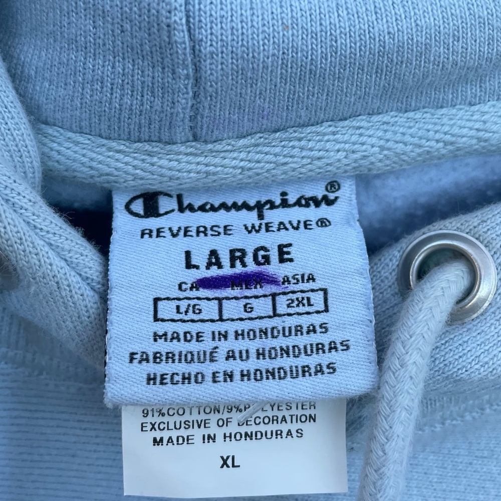 Champion Spellout Hoodie Blue Ombre Dip Dye Reverse Weave Embroidered Sweatshirt - Picture 8 of 14